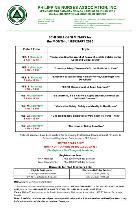 Schedule of PNA's seminars / trainings .